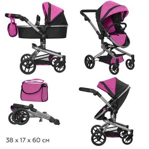 Коляска для ляльки 2в1 CARRELLO FORTUNA 9695 PINK з сумкою метал.кор.60*38*17 /1/ (шт.)
